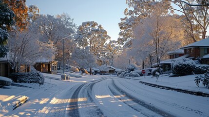 Fototapeta premium Snowy residential street at dawn, with houses and trees covered in fresh snow. Sunlight highlights the snow-covered road and landscape.