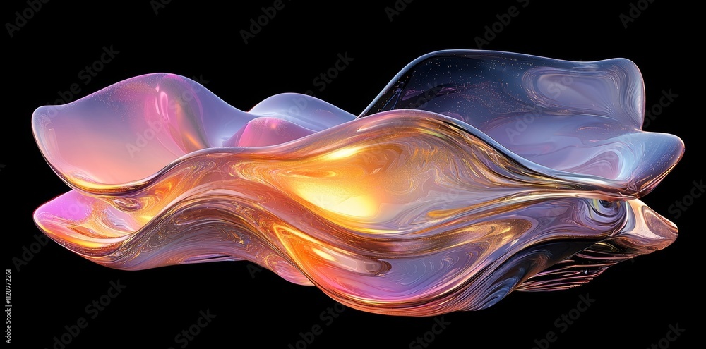 Poster an abstract design featuring a wavy, iridescent shape against a black background, created as a 3d re