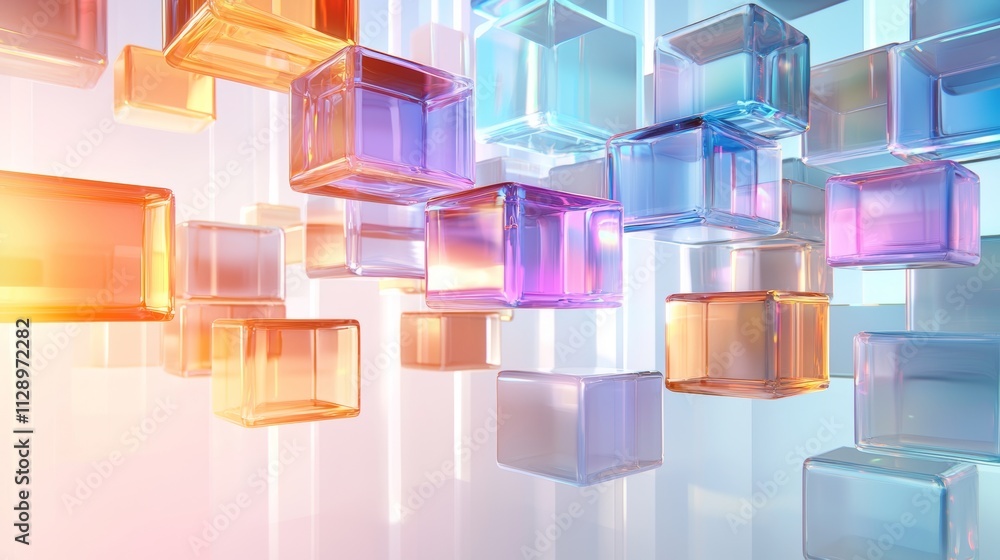 Poster white background featuring a 3d render of abstract geometric blocks.