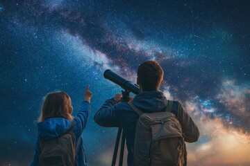 Father and Daughter Stargazing with Telescope under the Starry Night Sky and Milky Way Galaxy