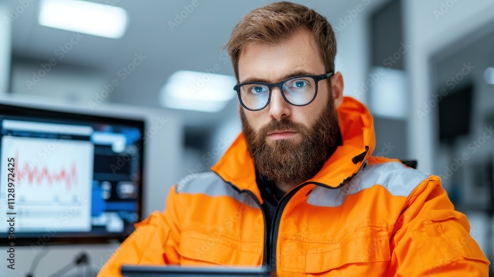 Poster a focused man in an orange safety jacket and glasses sits in front of a computer, displaying data an