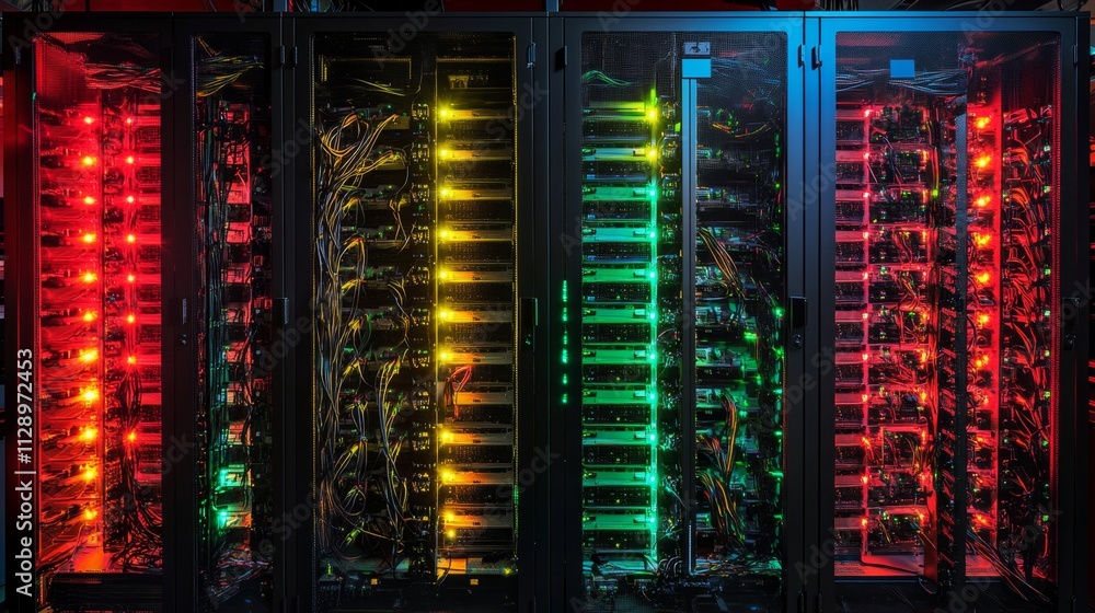 Poster data center operations high-tech facility digital infrastructure modern environment close-up view te