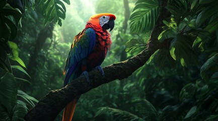 Vibrant Scarlet Macaw in Lush Tropical Rainforest Paradise