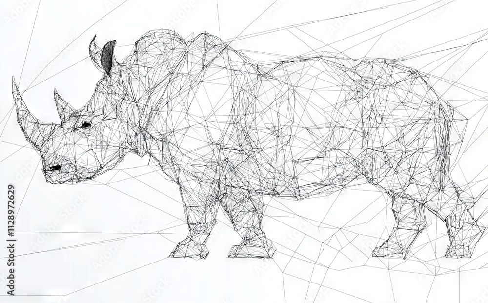 Poster a low poly wireframe rhino design, emphasizing construction concepts and their connections.