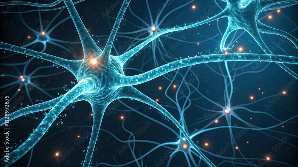 Poster an intricate network of neurons depicted with luminous neonblue fibers connecting in an intricate pa