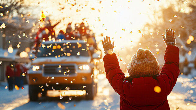 joyful child in red coat celebrates festive parade with confetti