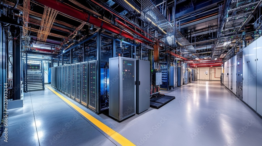 Poster data center infrastructure management modern facility technology industrial environment wide angle v