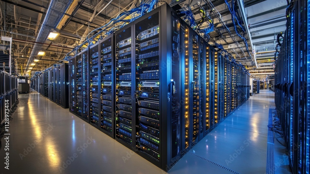 Poster data center operations high-tech facility server management industrial environment wide-angle view i