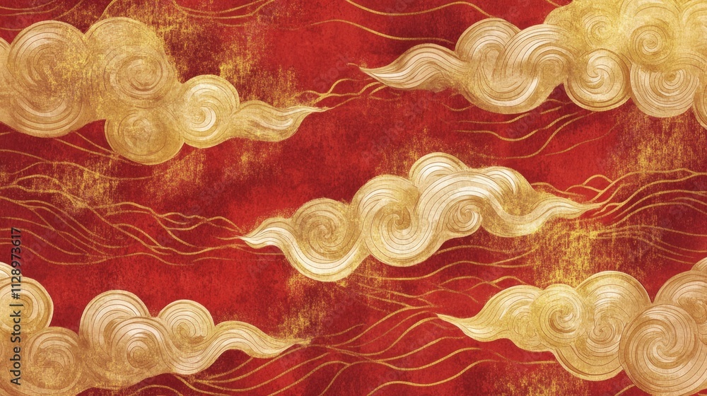 Poster elegant golden cloud patterns on red background abstract art display digital design vibrant atmosphe