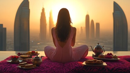 A peaceful morning meditation scene with a person sitting cross-legged, enjoying a sunrise view over a city skyline, accompanied by a traditional tea setup on elegant fabric.