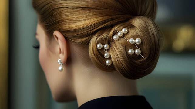 A timeless depiction of a classic French twist updo adorned with pearl hairpins.