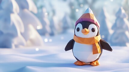 A cheerful low-poly penguin wearing a hat and scarf stands in a snowy landscape.