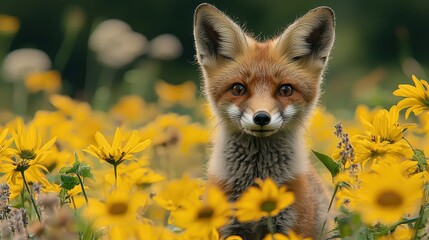 Obraz premium Adorable Red Fox Among Bright Yellow Flowers in a Lush Green Field