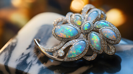 A unique platinum brooch with embedded opals and diamonds displayed on a marble tray.