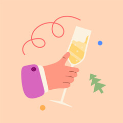 Happy new year 2025 background. Hands holding champagne and decor. Human hands of couple clinking glasses. Doodle style New Year poster, cover, background. Vector illustration