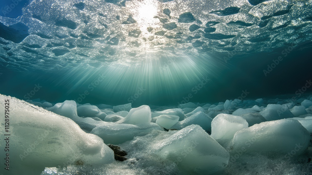 Poster a macro view of ice underwater, revealing its crystalline structures and the soft glow of diffused s