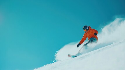 A snowboarder skillfully carving through fresh snow against a bright blue sky.