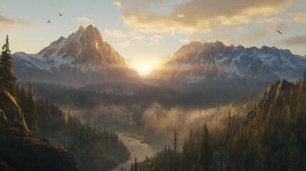 Obraz premium Misty Mountain Sunrise Landscape Illustration