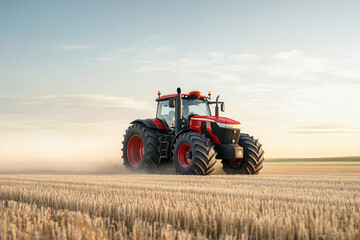 Obraz premium Red tractor driving through a field during golden hour under clear skies