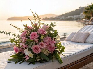 Elegant Silhouette Photography of a Fresh Floral Summer Arrangement in Pastel Pink Hues on a Sunbed, Capturing the Essence of Warm Weather and Nature's Beauty
