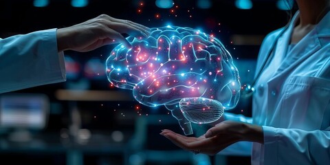 Doctors examining a glowing 3D holographic brain model with neural pathways