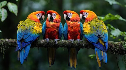 Obraz premium Vibrant Macaws Perched on Branch in Lush Green Rainforest Setting