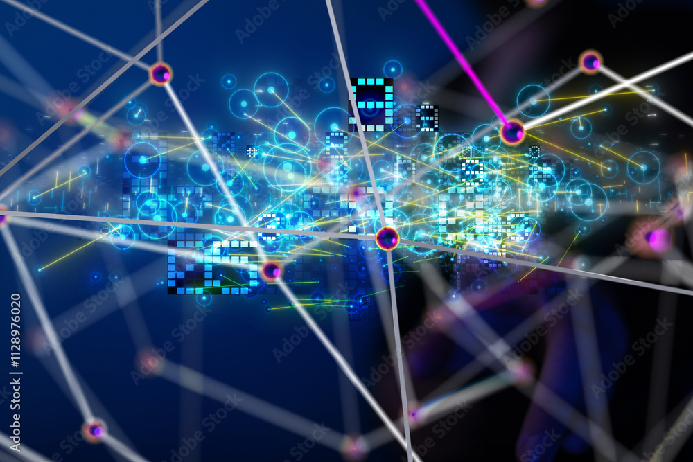 Poster neural network 3d illustration. big data and cybersecurity - 3d