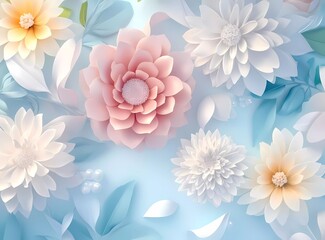 3D wallpaper background in pastel colors with roses and chrysanthemums, featuring pearl, light blue, white, and pink hues