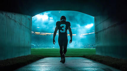 A football player walks through the tunnel from behind