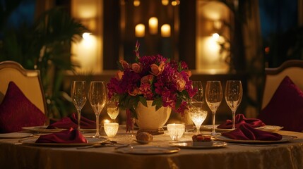 Elegant dining setup with floral centerpiece and candlelight for a romantic evening.