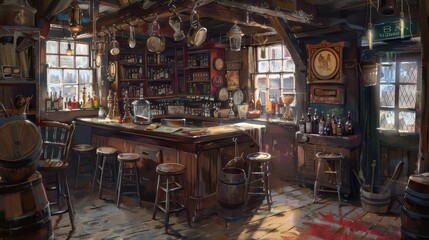 Cozy Rustic Tavern Interior with Vintage Decor and Wooden Furniture