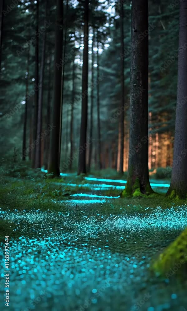 Poster a forest path is lit up with blue lights. the lights are shining on the ground and on the trees