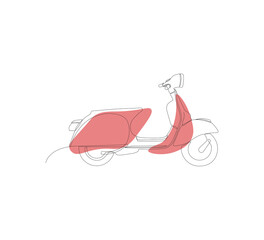 scooter in red color, one-line  single line illustration, scooter simple art, retro red scooter, line drawing illustration, one line transport