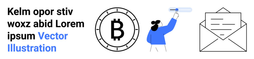 Bitcoin symbol surrounded by circular border, woman with glass screen, envelope with letter. Ideal for cryptocurrency, communication, fintech, technology, security, modern business concepts. Landing