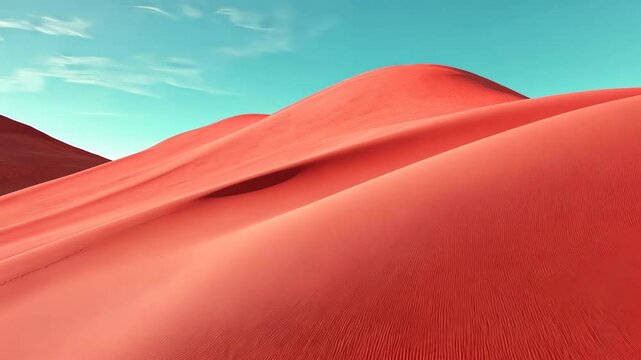 A red and blue desert landscape with a blue sky. The red sand dunes are covered in pink flowers