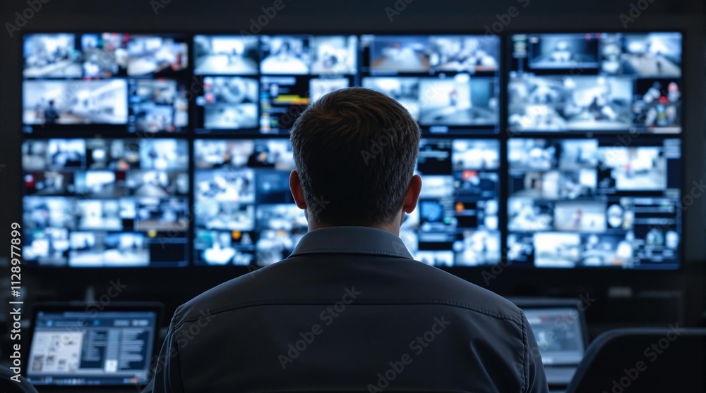 Poster A security monitor intently observes multiple feeds, overseeing a vast network of cameras.
