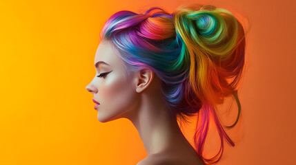 A whimsical image of a model with rainbow-colored hair styled in a gravity-defying updo.