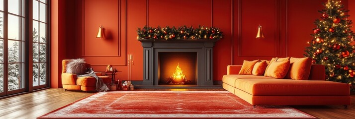 Christmas Tree, Red Sofas, Coffee Table Setup, Fireplace in Staged Living Room during Holiday Season for Home Decoration or Lifestyle Advertisement
