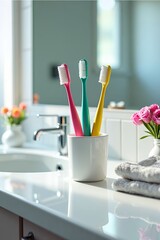 Sleek toothbrush holder with colorful toothbrushes in blue, green, pink, and yellow on a glossy white bathroom counter, accompanied by fresh flowers and a towel