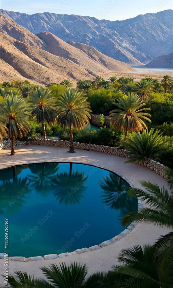 Poster a large pool with palm trees surrounding it. the pool is blue and the trees are green. the scene is 