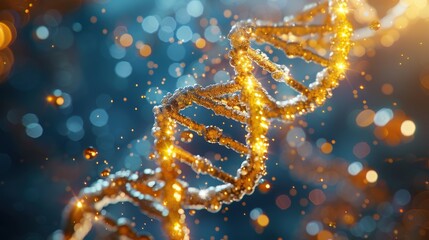 Elegant spiral of rainbow DNA double helix with light bokeh and bubbles, creating a serene blue scene
