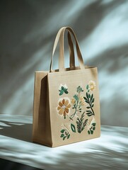 Elegant reusable jute grocery bag with eco-themed embroidery. A perfect blend of style and sustainability