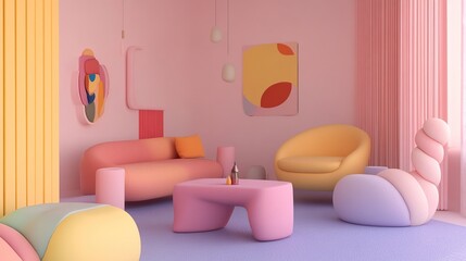 A cozy, pastel-themed living room with playful furniture and artwork.