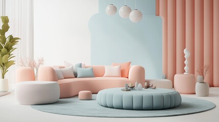 A modern, pastel-colored living room with a cozy sofa and decorative elements.