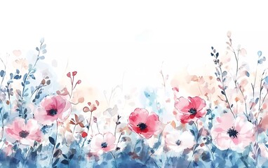 Watercolor floral background, pastel colors, white and pink flower border design on a white background