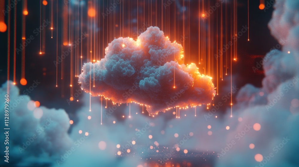 Poster glowing cloud with falling data streams.