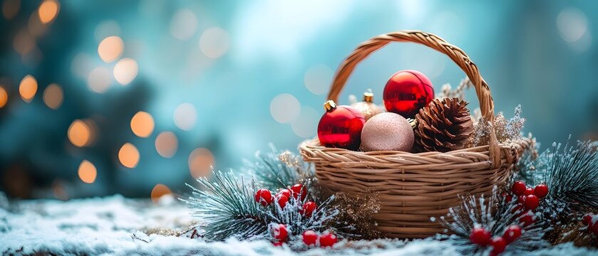 Festive wicker basket filled with Christmas ornaments, pine cones, and greenery, set against a beautiful blurred background of holiday lights and snowy landscape