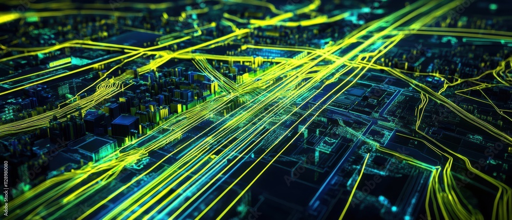 Poster futuristic cityscape: abstract digital network and data flow visualization