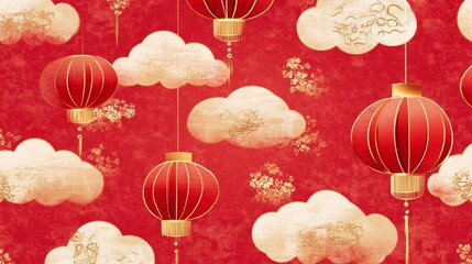 Celebrating lunar new year with red lanterns and clouds festive decor cultural atmosphere vibrant colors joyous spirit
