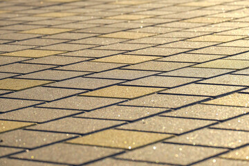 This detailed closeup showcases a beautifully textured stone pavement that exhibits shimmering golden hues, serving as an inspiration for various outdoor design projects and their enhancements